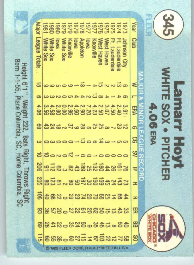 1982 Fleer #345 LaMarr Hoyt EX Excellent Chicago White Sox Baseball Card - Baseball Card Single
