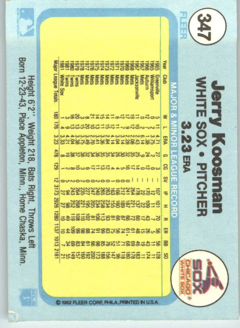 1982 Fleer #347 Jerry Koosman EX Excellent Chicago White Sox Baseball Card - Baseball Card Single