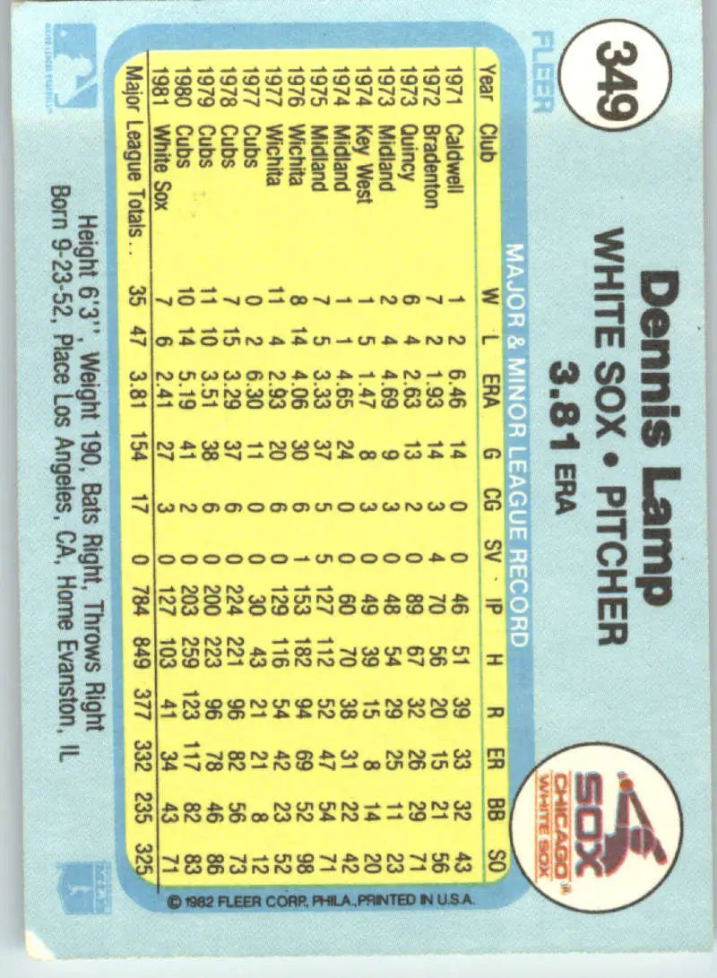 1982 Fleer #349 Dennis Lamp EX Excellent Chicago White Sox Baseball Card - Baseball Card Single
