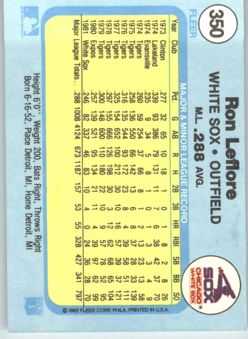 1982 Fleer #350 Ron LeFlore EX Excellent Chicago White Sox Baseball Card - Baseball Card Single