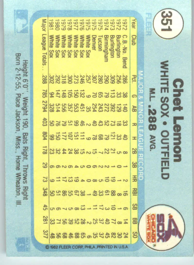 1982 Fleer #351 Chet Lemon EX Excellent Chicago White Sox Baseball Card - Baseball Card Single