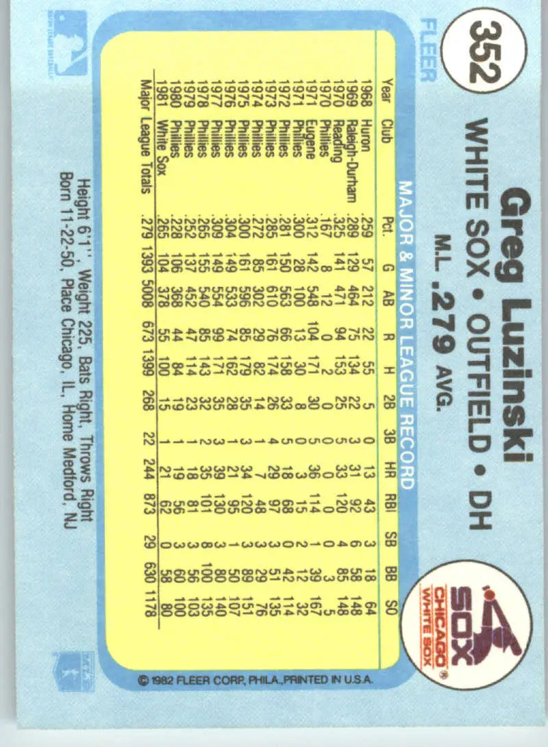 1982 Fleer #352 Greg Luzinski EX Excellent Chicago White Sox Baseball Card - Baseball Card Single