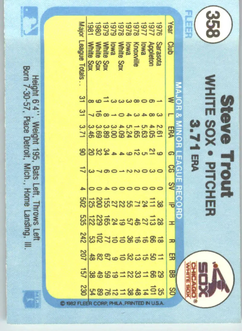 1982 Fleer #358 Steve Trout EX Excellent Chicago White Sox Baseball Card - Baseball Card Single