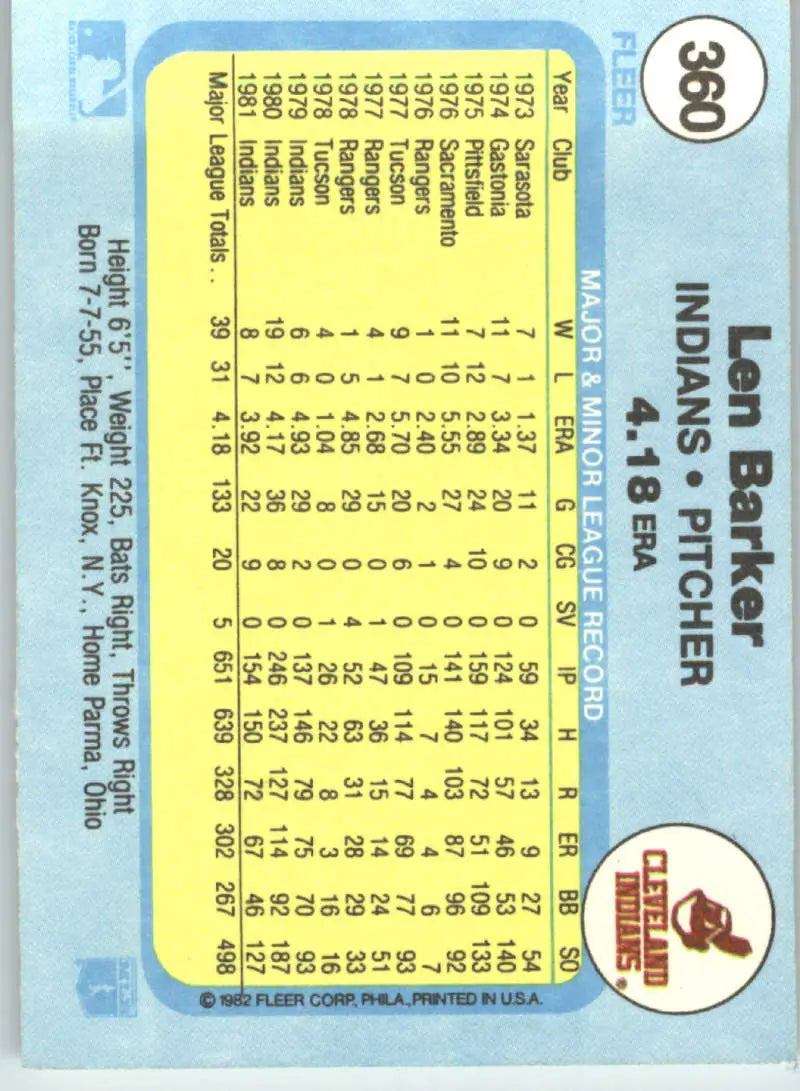 1982 Fleer #360 Len Barker EX Excellent Cleveland Indians Baseball Card - Baseball Card Single