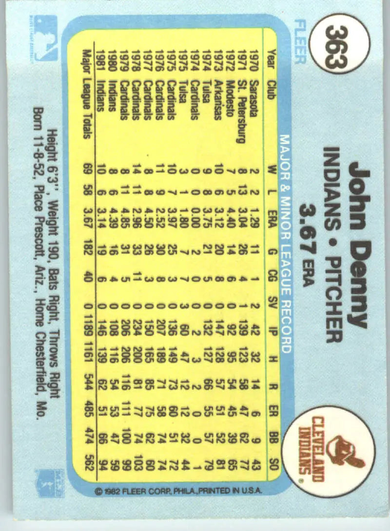 1982 Fleer #363 John Denny EX Excellent Cleveland Indians Baseball Card - Baseball Card Single