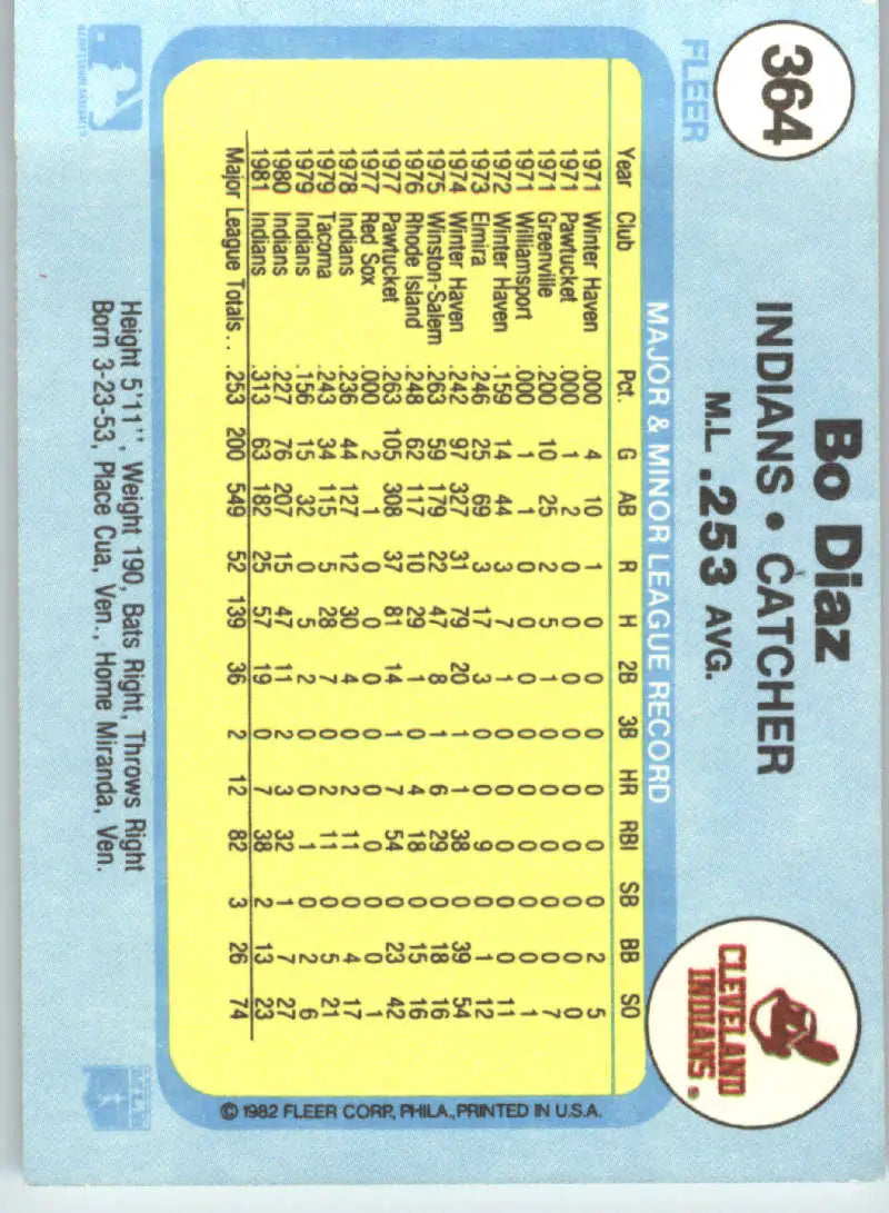 1982 Fleer #364 Bo Diaz EX Excellent Cleveland Indians Baseball Card - Baseball Card Single