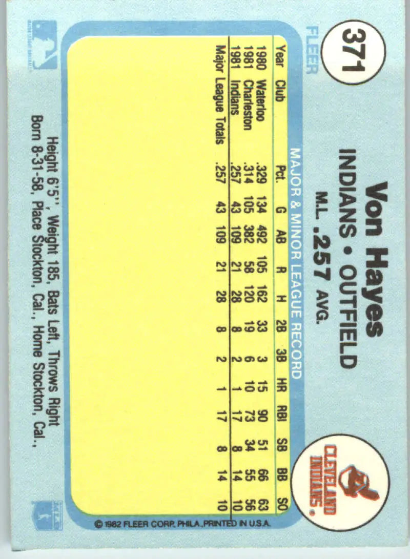 1982 Fleer #371 Von Hayes EX Excellent RC Rookie Cleveland Indians Baseball Card - Baseball Card Single