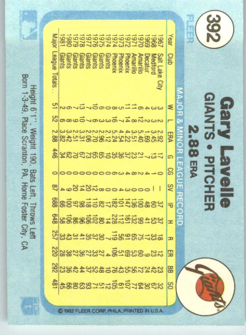1982 Fleer #392 Gary Lavelle EX Excellent San Francisco Giants Baseball Card - Baseball Card Single