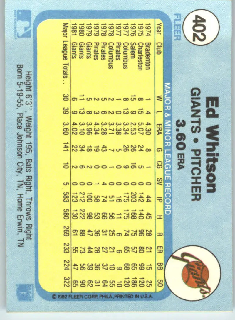1982 Fleer #402 Ed Whitson EX Excellent San Francisco Giants Baseball Card - Baseball Card Single
