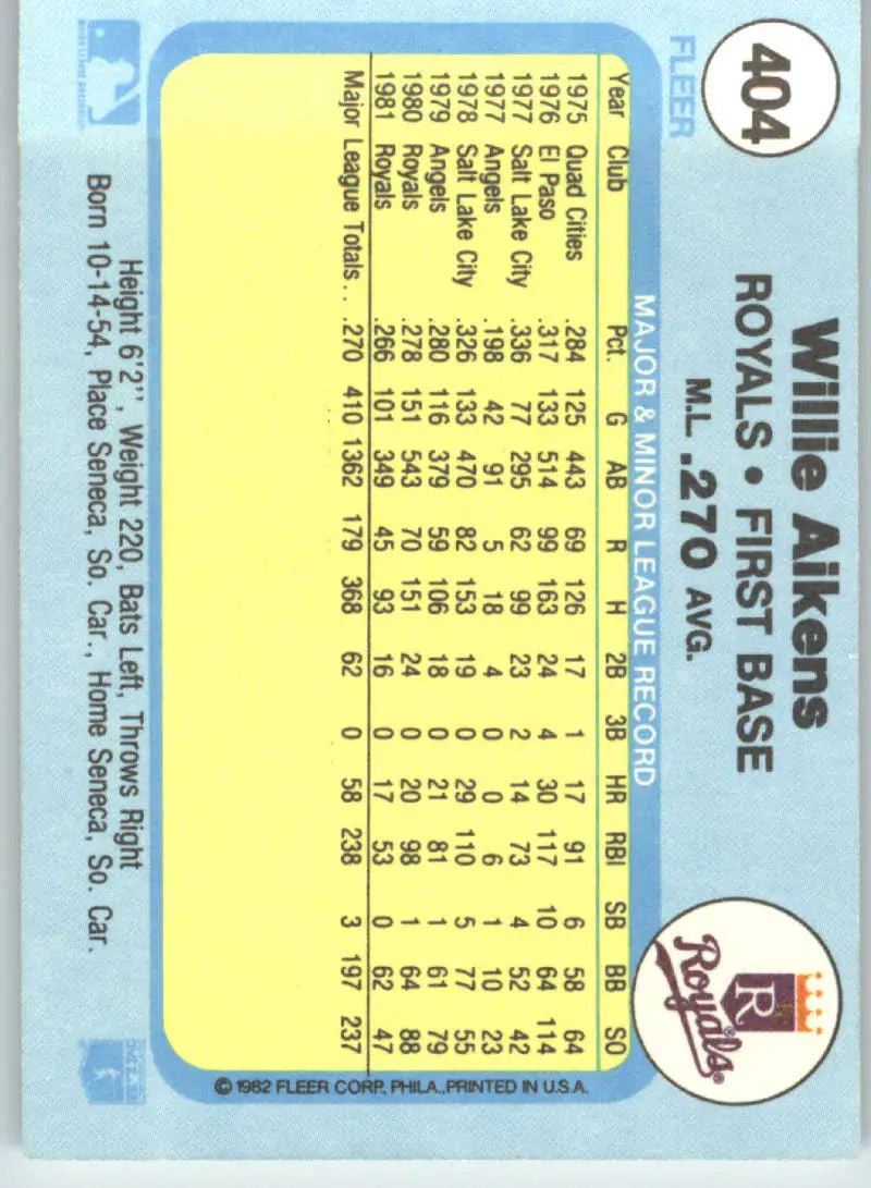 1982 Fleer #404 Willie Aikens EX Excellent Kansas City Royals Baseball Card - Baseball Card Single