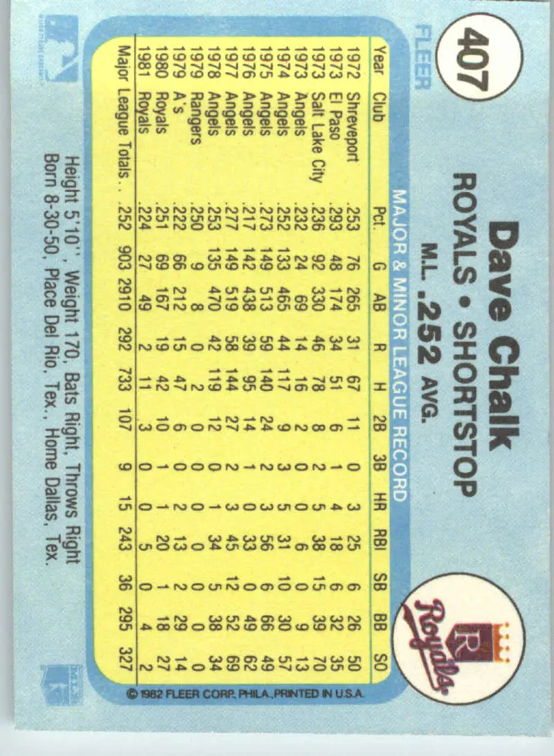 1982 Fleer #407 Dave Chalk EX Excellent Kansas City Royals Baseball Card - Baseball Card Single