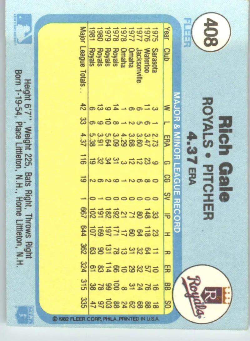 1982 Fleer #408 Rich Gale EX Excellent Kansas City Royals Baseball Card - Baseball Card Single
