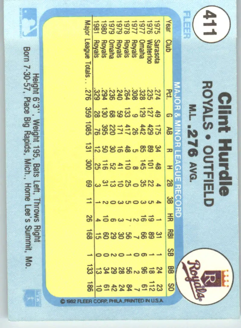 1982 Fleer #411 Clint Hurdle EX Excellent Kansas City Royals Baseball Card - Baseball Card Single