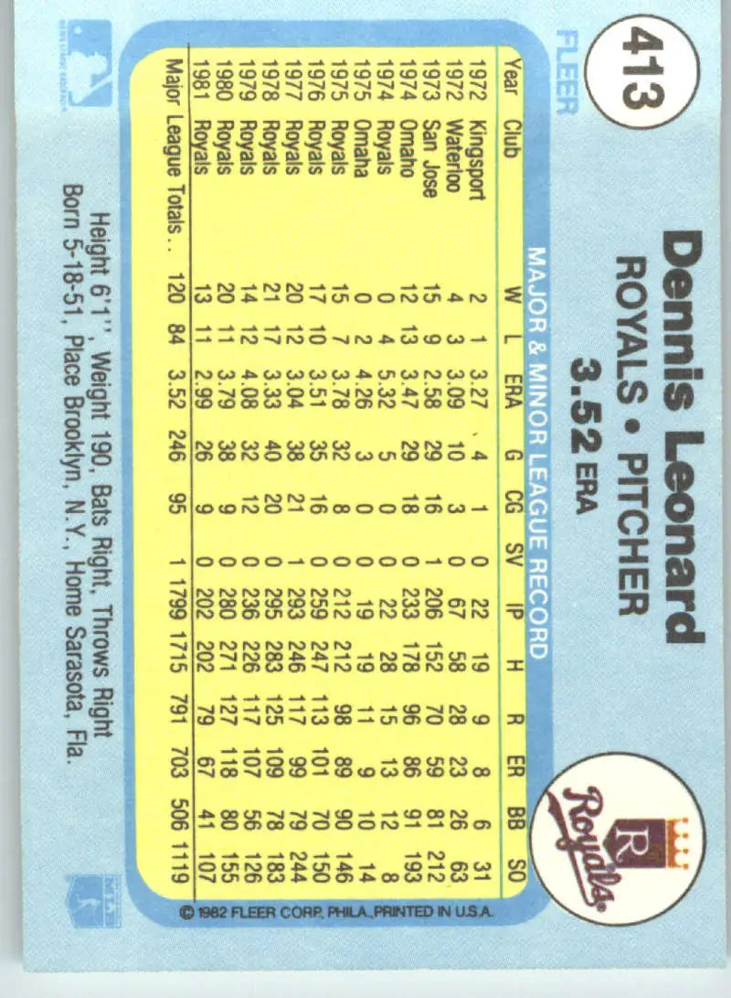 1982 Fleer #413 Dennis Leonard EX Excellent Kansas City Royals Baseball Card - Baseball Card Single