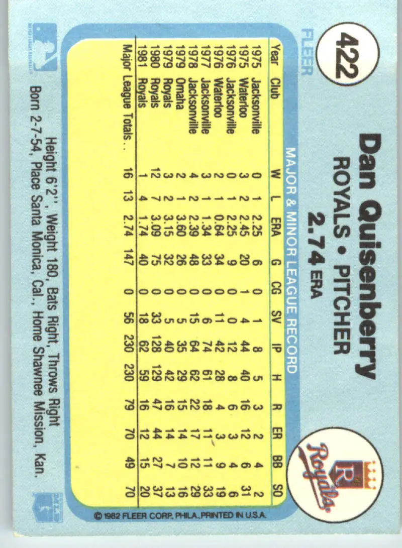 1982 Fleer #422 Dan Quisenberry EX Excellent Kansas City Royals Baseball Card - Baseball Card Single