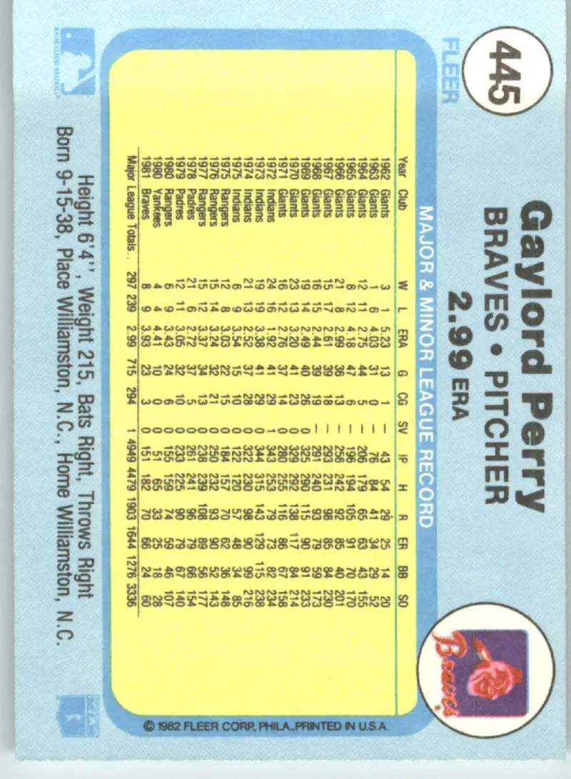 1982 Fleer #445 Gaylord Perry EX Excellent Atlanta Braves Baseball Card - Baseball Card Single