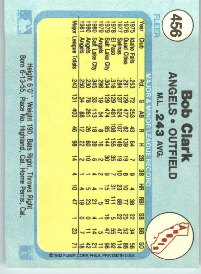1982 Fleer #456 Bobby Clark EX Excellent California Angels Baseball Card - Baseball Card Single