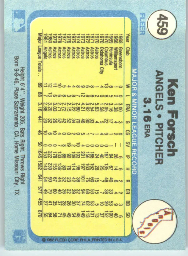 1982 Fleer #459 Ken Forsch EX Excellent California Angels Baseball Card - Baseball Card Single