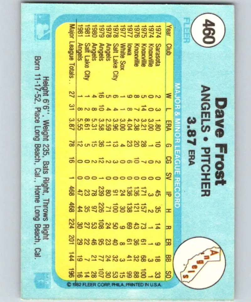 1982 Fleer #460 Dave Frost EX Excellent California Angels Baseball Card - Baseball Card Single