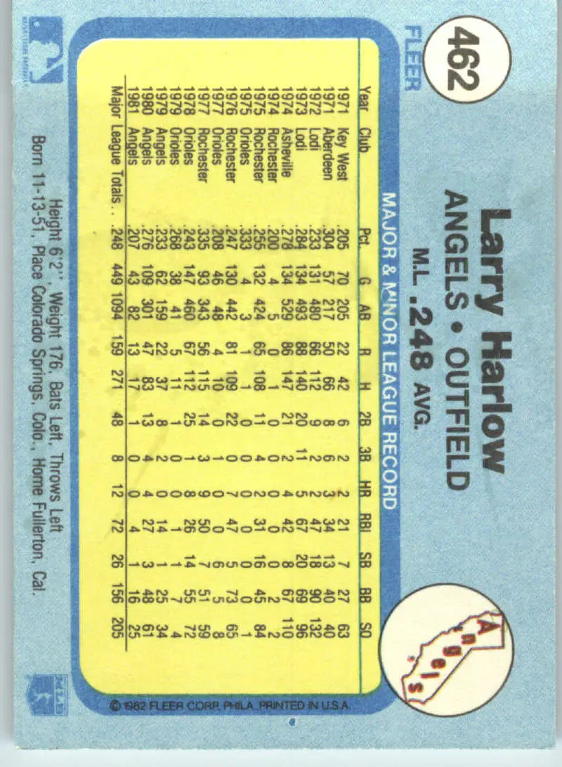1982 Fleer #462 Larry Harlow EX Excellent California Angels Baseball Card - Baseball Card Single