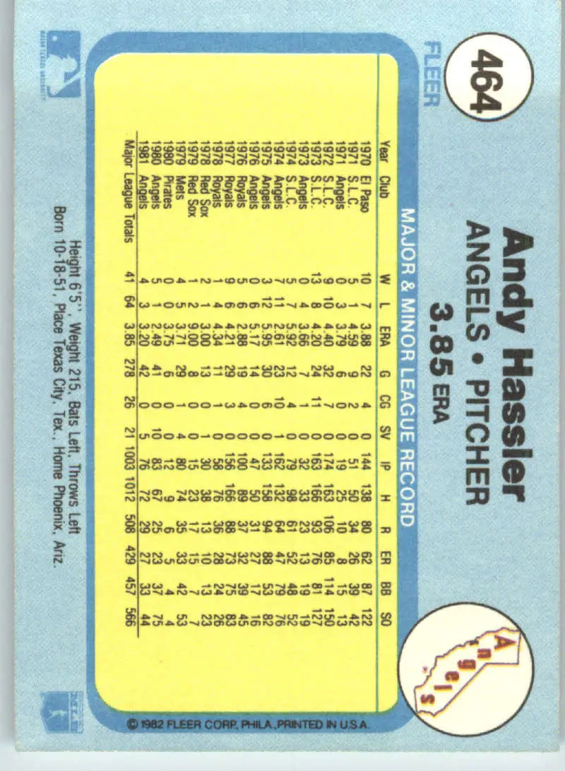 1982 Fleer #464 Andy Hassler EX Excellent California Angels Baseball Card - Baseball Card Single