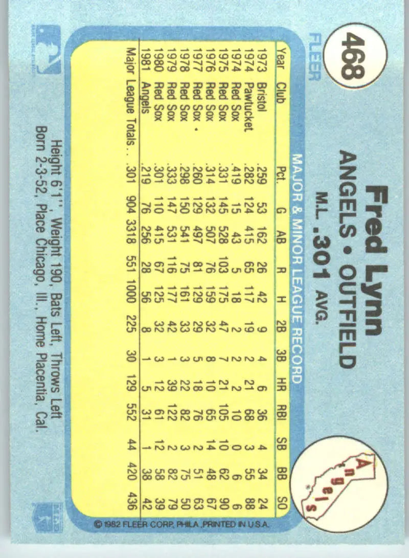 1982 Fleer #468 Fred Lynn EX Excellent California Angels Baseball Card - Baseball Card Single