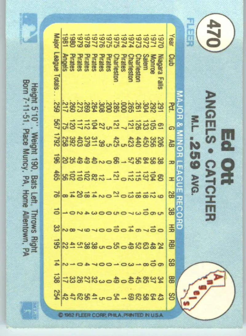 1982 Fleer #470 Ed Ott EX Excellent California Angels Baseball Card - Baseball Card Single
