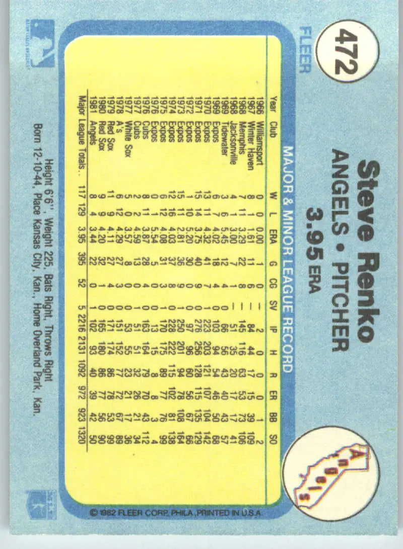 1982 Fleer #472 Steve Renko EX Excellent California Angels Baseball Card - Baseball Card Single
