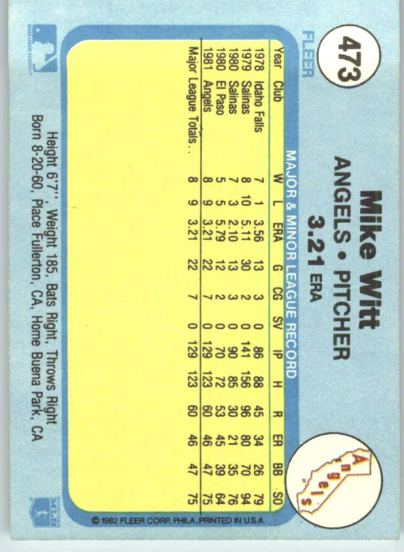 1982 Fleer #473 Mike Witt EX Excellent California Angels Baseball Card - Baseball Card Single