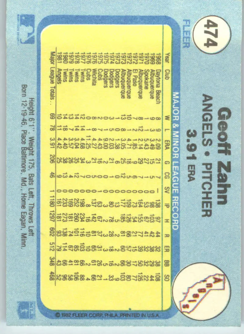 1982 Fleer #474 Geoff Zahn EX Excellent California Angels Baseball Card - Baseball Card Single