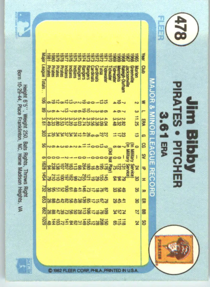1982 Fleer #478 Jim Bibby EX Excellent Pittsburgh Pirates Baseball Card - Baseball Card Single