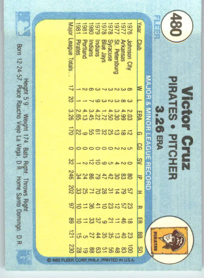 1982 Fleer #480 Victor Cruz EX Excellent Pittsburgh Pirates Baseball Card - Baseball Card Single