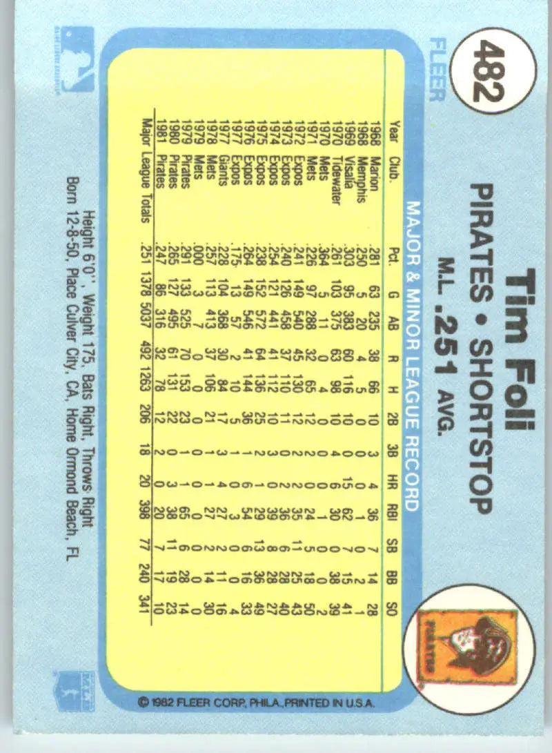 1982 Fleer #482 Tim Foli EX Excellent Pittsburgh Pirates Baseball Card - Baseball Card Single