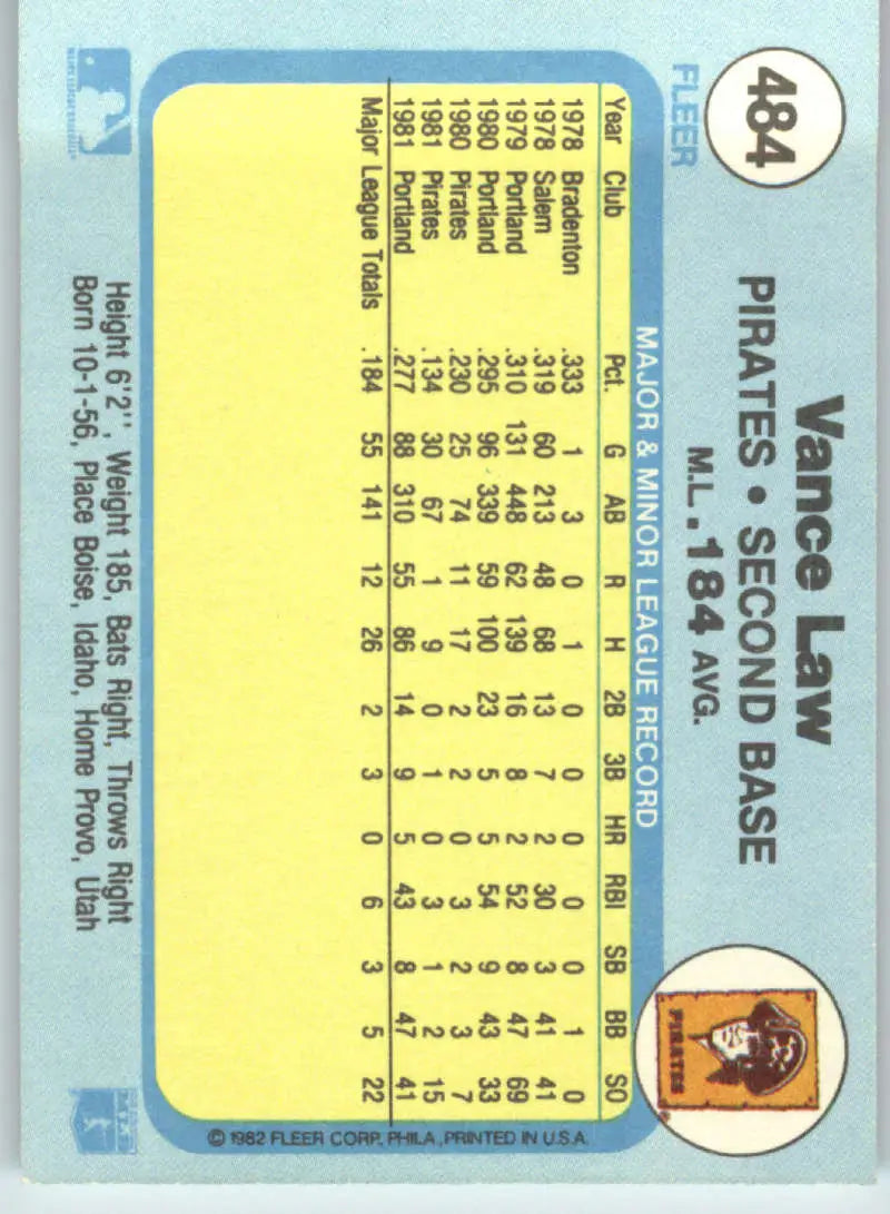 1982 Fleer #484 Vance Law EX Excellent Pittsburgh Pirates Baseball Card - Baseball Card Single
