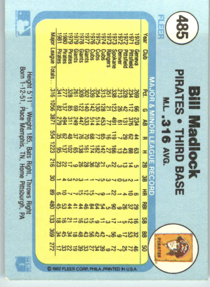 1982 Fleer #485 Bill Madlock EX Excellent Pittsburgh Pirates Baseball Card - Baseball Card Single