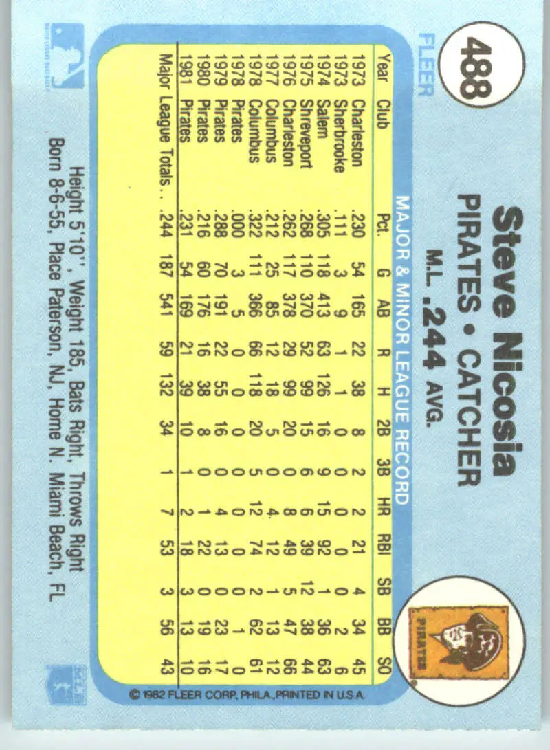 1982 Fleer #488 Steve Nicosia EX Excellent Pittsburgh Pirates Baseball Card - Baseball Card Single
