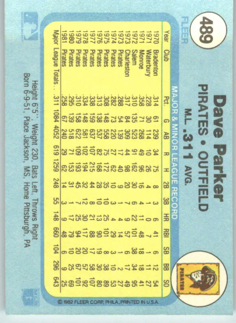 1982 Fleer #489 Dave Parker EX Excellent Pittsburgh Pirates Baseball Card - Baseball Card Single