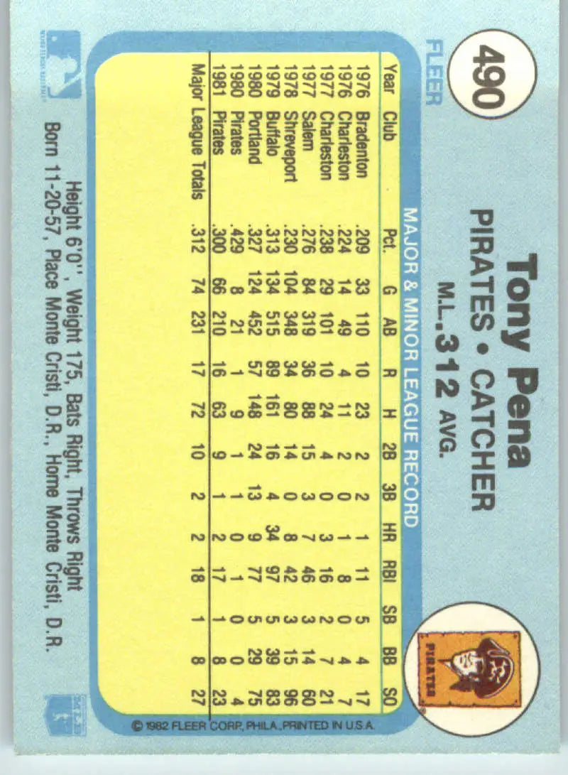 1982 Fleer #490 Tony Pena EX Excellent Pittsburgh Pirates Baseball Card - Baseball Card Single