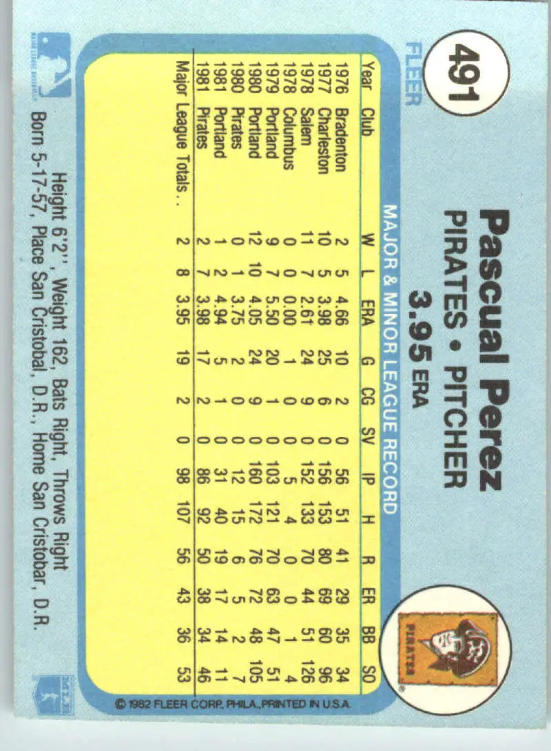 1982 Fleer #491 Pascual Perez EX Excellent Pittsburgh Pirates Baseball Card - Baseball Card Single