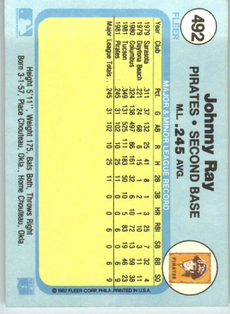 1982 Fleer #492 Johnny Ray EX Excellent RC Rookie Pittsburgh Pirates Baseball Card - Baseball Card Single