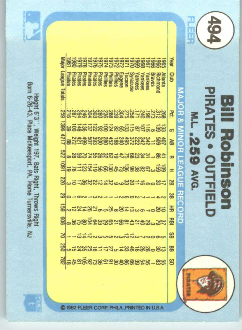 1982 Fleer #494 Bill Robinson EX Excellent Pittsburgh Pirates Baseball Card