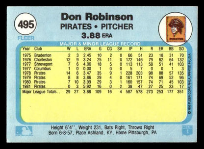 1982 Fleer Don Robinson baseball card showcasing career stats and personal details
