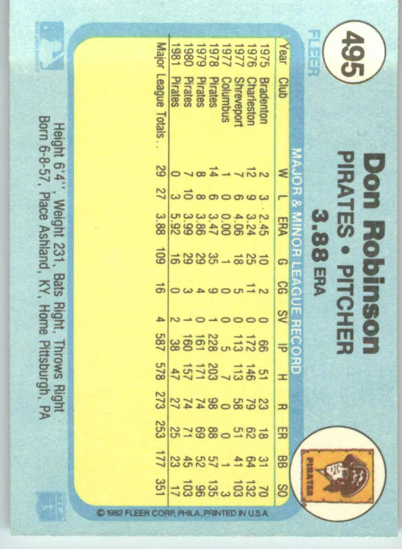 1982 Fleer #495 Don Robinson EX Excellent Pittsburgh Pirates Baseball Card - Baseball Card Single