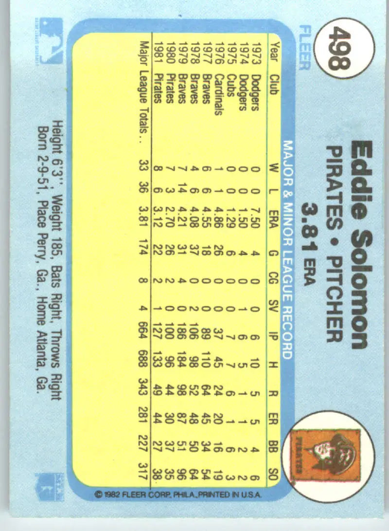 1982 Fleer #498 Eddie Solomon EX Excellent Pittsburgh Pirates Baseball Card - Baseball Card Single