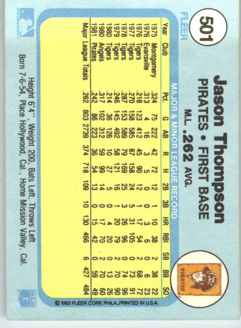 1982 Fleer #501 Jason Thompson EX Excellent Pittsburgh Pirates Baseball Card - Baseball Card Single