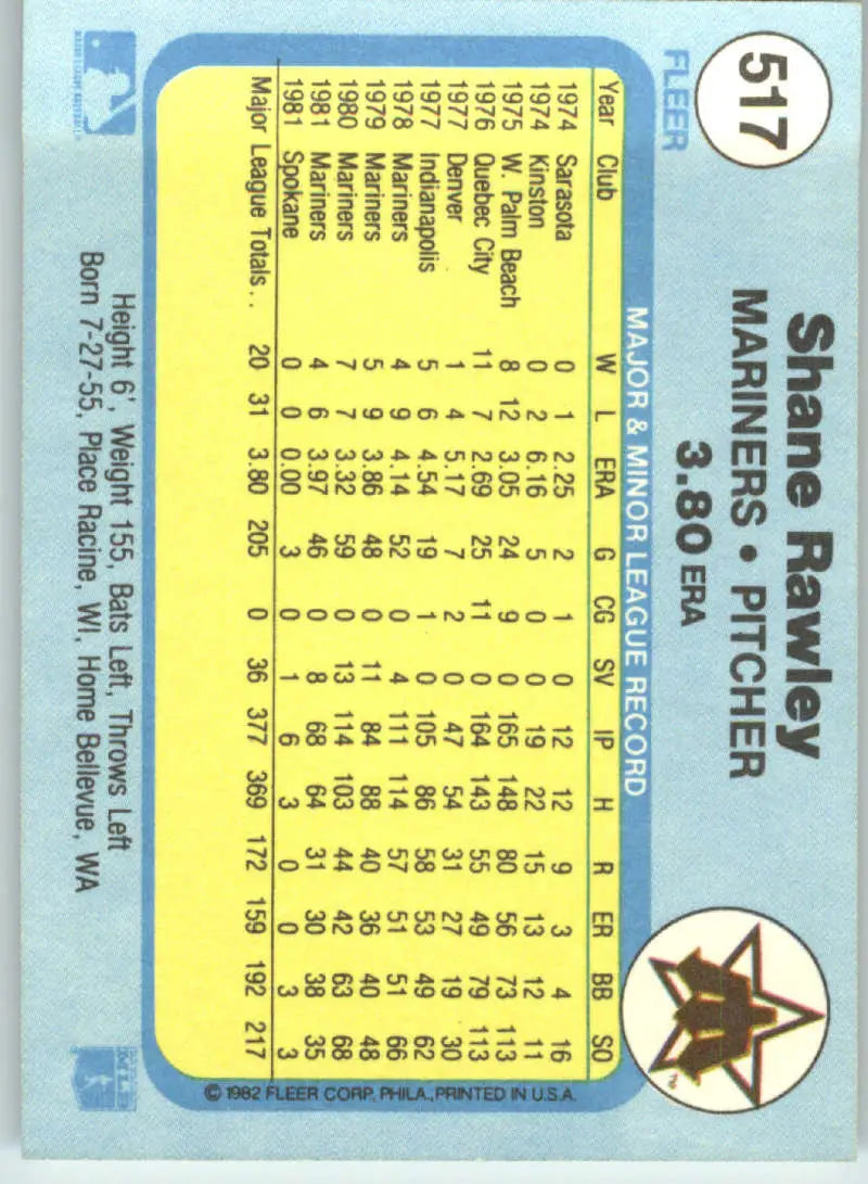 1982 Fleer #517 Shane Rawley EX Excellent Seattle Mariners Baseball Card - Baseball Card Single