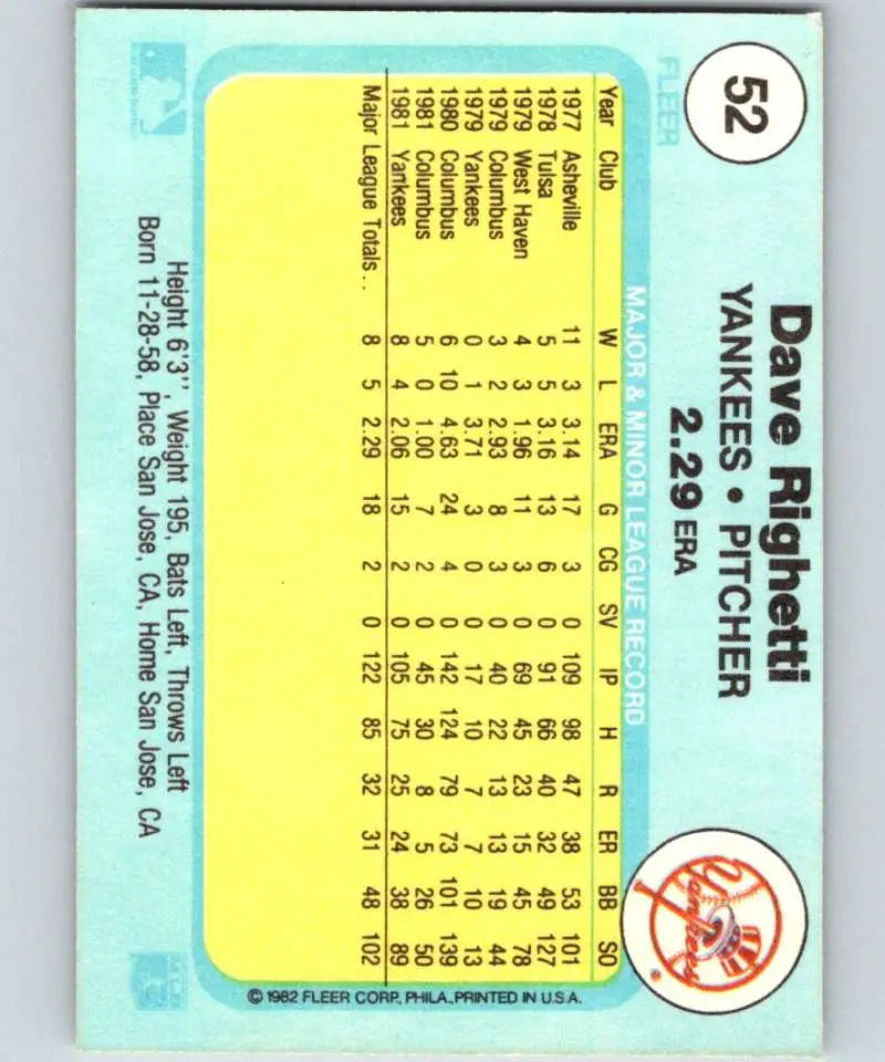 1982 Fleer #52 Dave Righetti EX Excellent RC Rookie New York Yankees Baseball Card - Baseball Card Single
