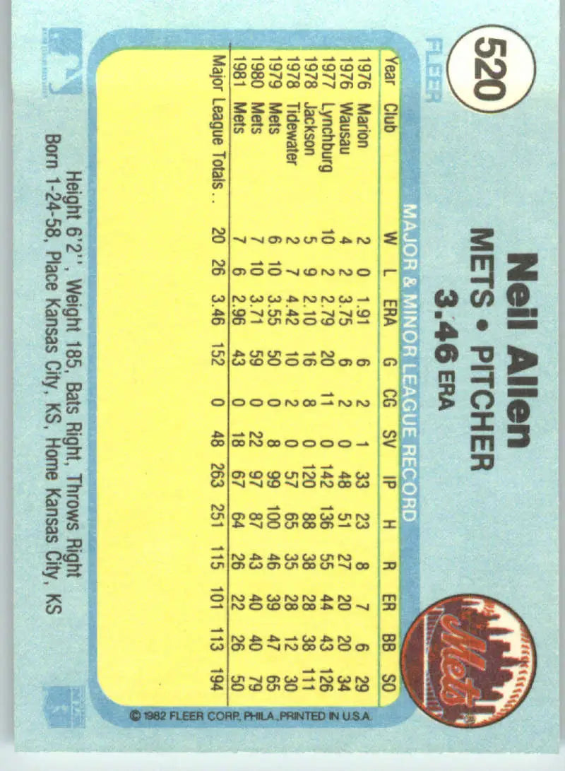 1982 Fleer #520 Neil Allen EX Excellent New York Mets Baseball Card - Baseball Card Single