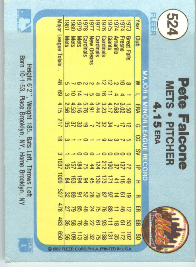 1982 Fleer #524 Pete Falcone EX Excellent New York Mets Baseball Card - Baseball Card Single