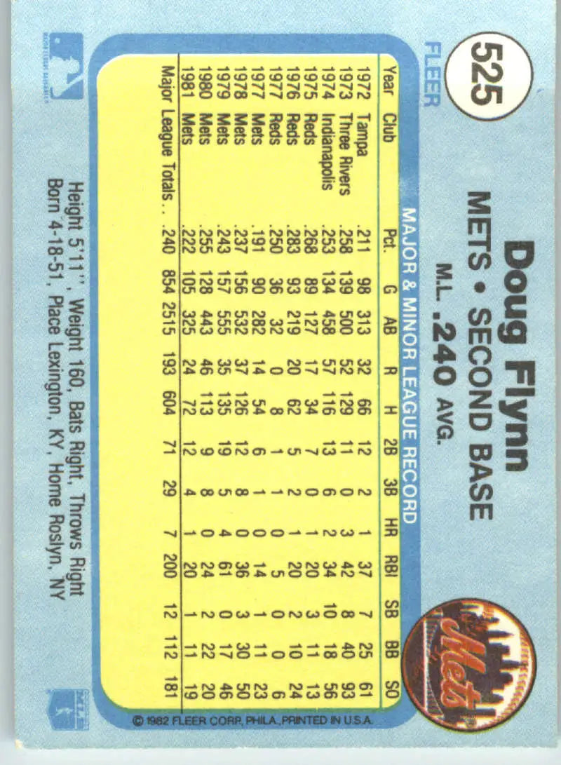 1982 Fleer #525 Doug Flynn EX Excellent New York Mets Baseball Card - Baseball Card Single